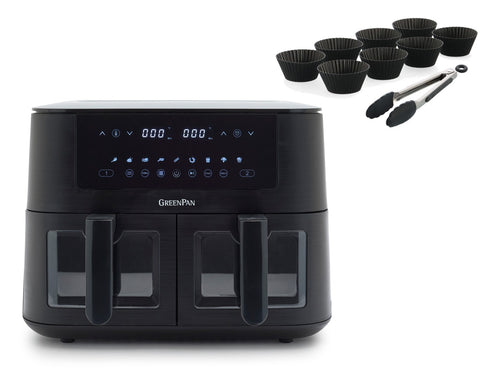 Greenpan Bistro AirFryer DUAL XL 2x 4L manden + 8 muffinvormen + Tang