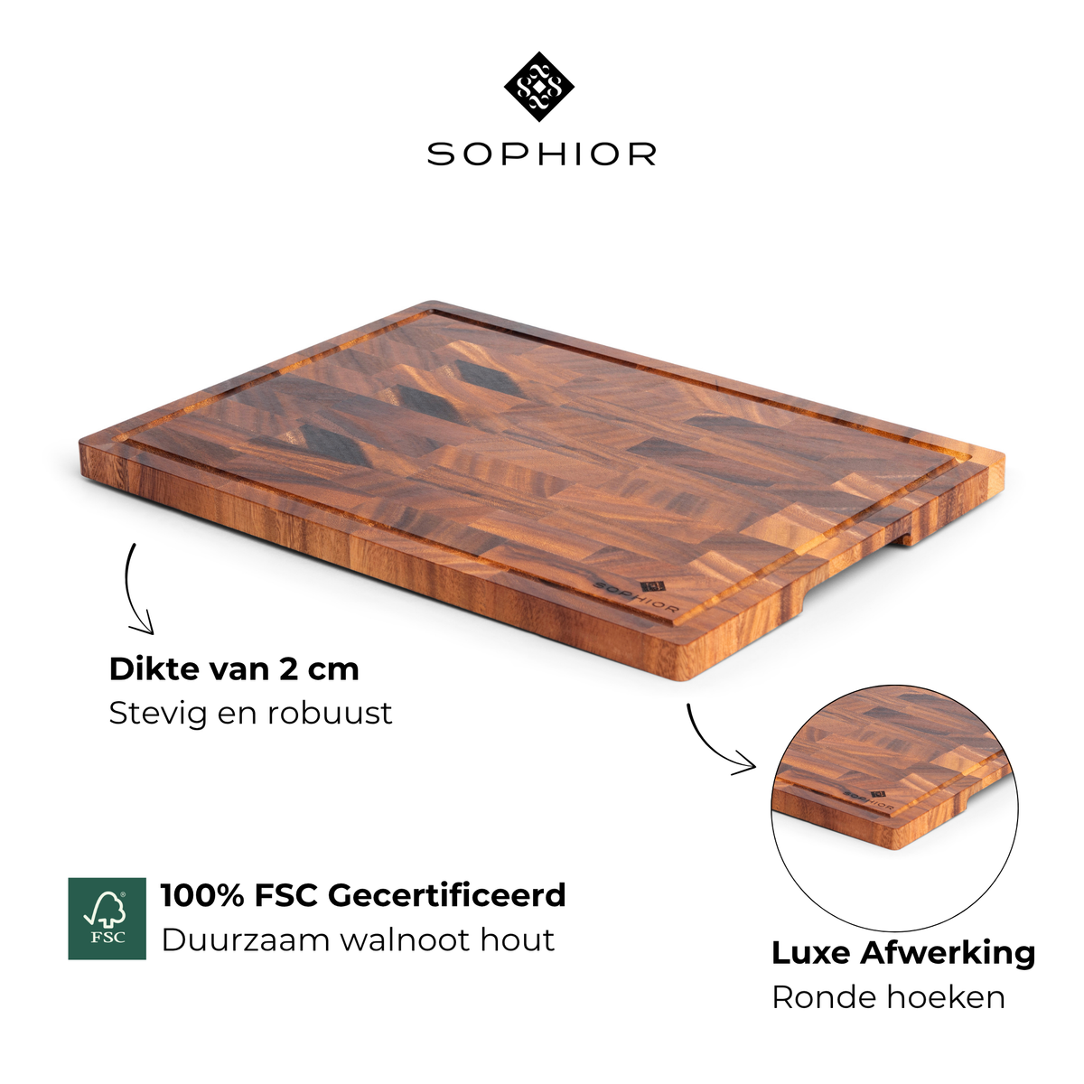 MAKUMORI Premium snijplank van massief hout, hoofdhout, endgrain 40 x 29 x 3 cm, van gecarboniseerd acaciahout, FSC®-gecertificeerd, poten, sapgoot en grote handgrepen